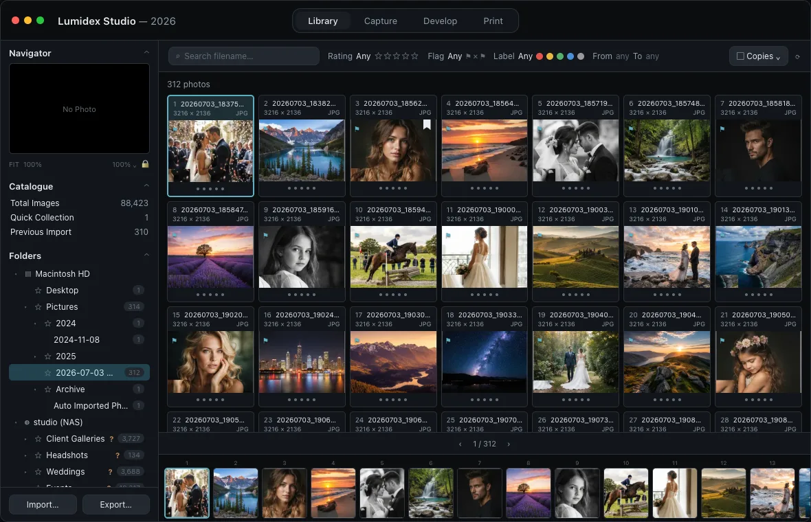 Lumidex Studio Library module browsing a photo library stored on a NAS