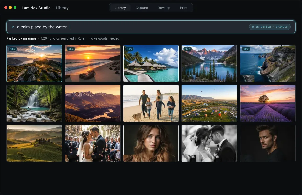 Lumidex Studio semantic search: the query a calm place by the water returning photos ranked by meaning